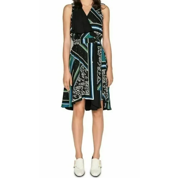 CUE ITALIAN SCARF PRINT BLACK & BLUE FRILL SLEEVELESS BELTED WRAP LOOK DRESS 14 - Picture 4 of 4